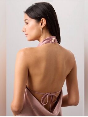 Elegant Halter Blush Dress with Pearl Detail